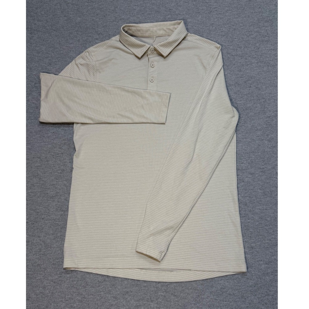 Lululemon Mens Long Sleeve Striped Polo Shirt Beige Tan Performance Size S/M